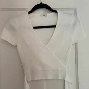 Little Moon White Fitted Wrap Blouse Short Sleeve